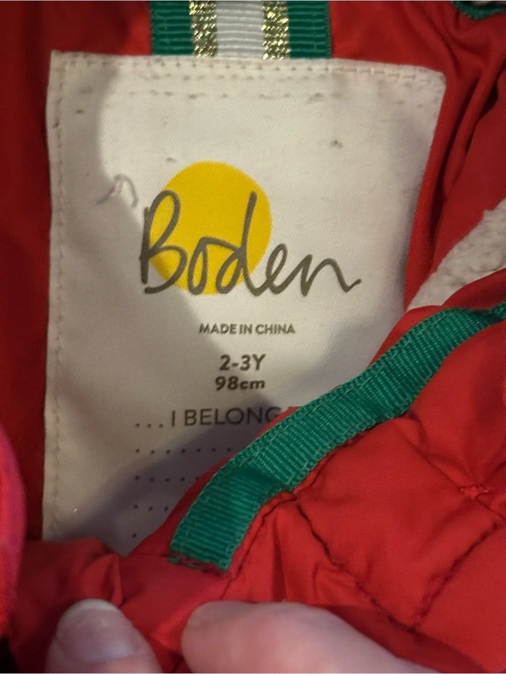 Boden Kids 2-3Y Red Hooded Puffer Coat Sherpa Lined Toggle Winter Jacket 98cm